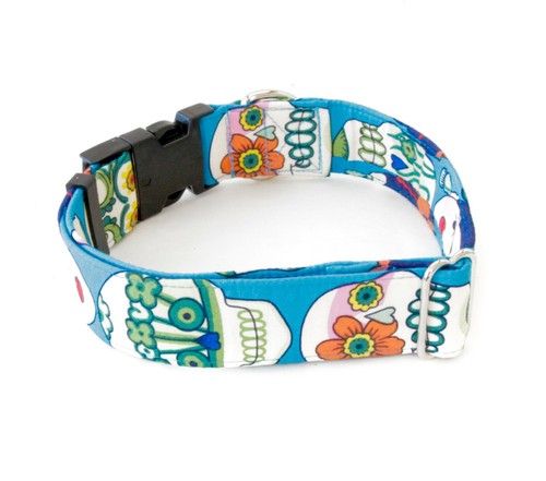 Frida Blue Sugar Skulls Dog Collar Buckle and Martingale 1.5 and 2 inch width - Picture 5 of 12