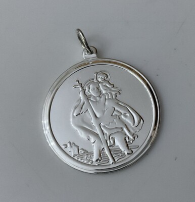 Vintage 925 Sterling Silver 30mm Round St Christopher Charm Pendant Simple STC2