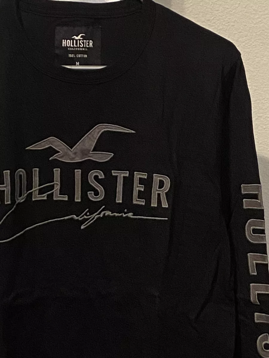 Hollister Men’s Long Sleeves Crewneck Medium Size Black Graphic Logo  T-shirt.