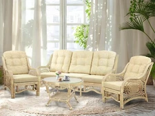 Malibu Set of 4: 2 Rattan Chairs, Three-Seater Sofa with Coffee Table, Natural