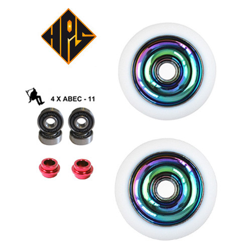 2X PRO STUNT SCOOTER 110mm WHEELS METAL CORE WHITE TYRE ABEC 11 BEARINGS PEG 9 - Picture 3 of 9