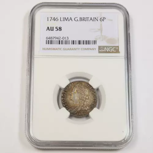 1746 NGC AU58 | GREAT BRITAIN - Six Pence 6P Coin #42962A