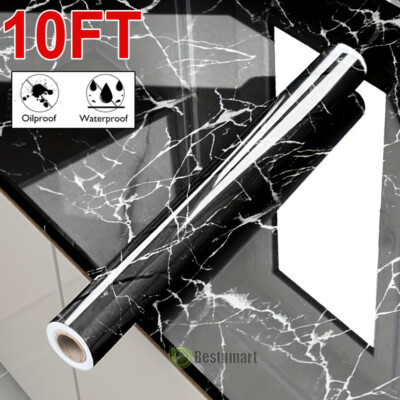 10FT Gloss Marble Granite Wallpaper Vinyl Wrap Film Kitchen Countertop Black