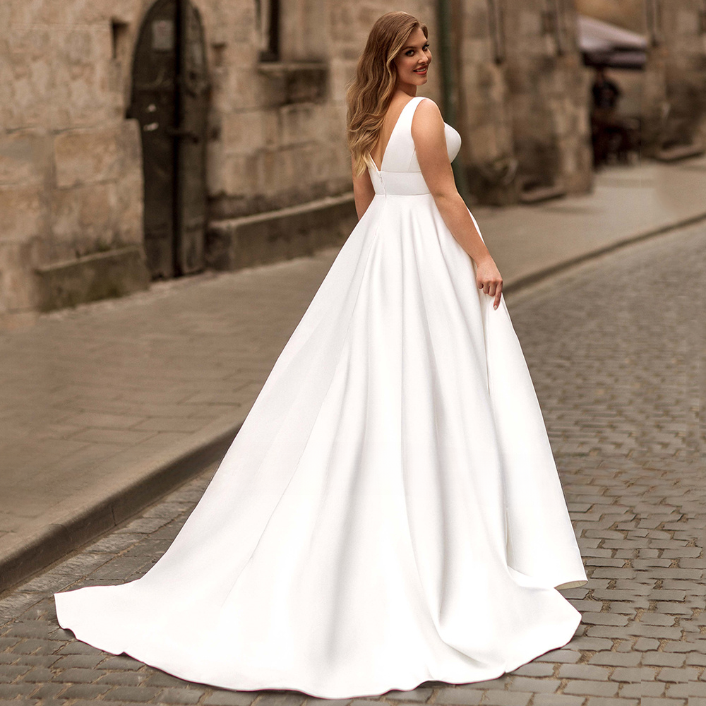 Plus Size Wedding Dresses V Neck Backless Pleated Pockets Satin Bridal Gowns  New | eBay