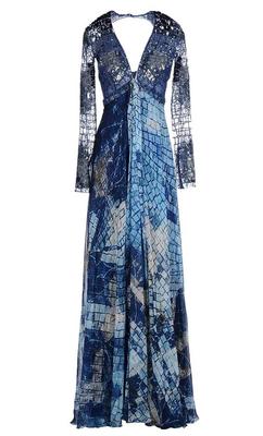 NWT ZUHAIR MURAD Beaded Embellished Ocean Blue Silk Sheer Long Dress Gown It 38