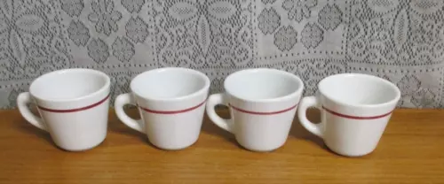 Set of 4 - Wellsville China Restaurant Coffee Mugs - White - Red Stripe