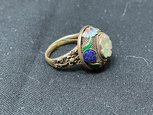 Anello Vintage Cinese Ottone Cloisonné Smalto e Quarzo Latteo Regolabile - Foto 4 di 7