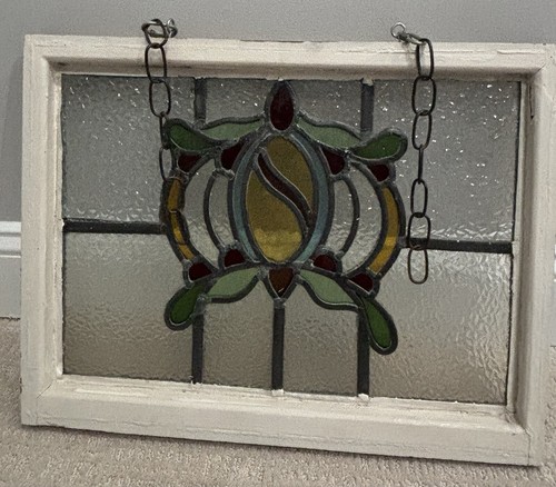 Vintage Old English Leaded Stained Glass Window Wood Frame Heavy W/Chain 20X15 - Picture 4 of 20