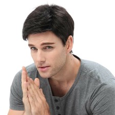 Mens Wig Male Cosplay Party-Short Wavy Pure Black Synthetic Natural Hair Toupee