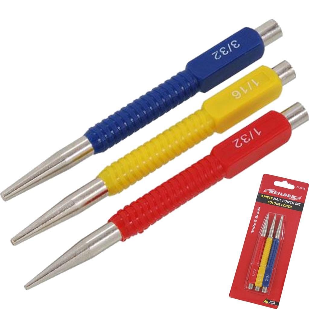 Neilsen 3pc Colour Coded Centre Punch Hand Mechanical Holes Drill Punches Set