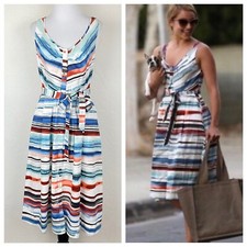 Moulinette Soeurs Anthro Afterlight Dress 2 Button Front Striped Watercolor Blue