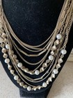 VINTAGE MULTI STRAND STATEMENT GOLD TONE CHAIN & FAUX PEARL NECKLACE — photo 1