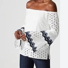 Bailey44 White Eyelet Off Shoulder Phlox Bell Sleeve Blouse Women's Size Small