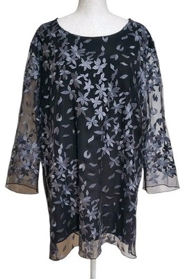 Caroline Rose Floral Notes Embroidered Sheer Lined Top Size Large