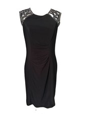 Petra Little Black Sheath Dress Sz 8 Beaded Cut Out Top Ruched Waist Area Sexy