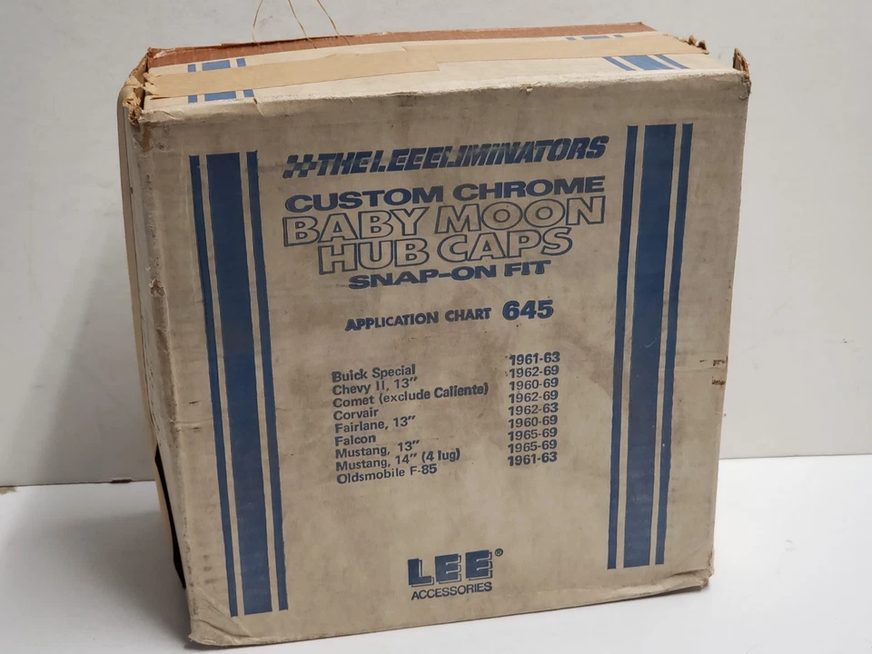 Vtg 60s Lot 4 LEE ELIMINATORS Chrome Baby Moon Hub Caps Wheel Hubcaps NOS in Box - Image 2 of 4
