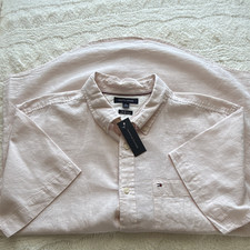 Tommy Hilfiger Men's Pink Linen Short Sleeve Button-Up Shirt Collared XL