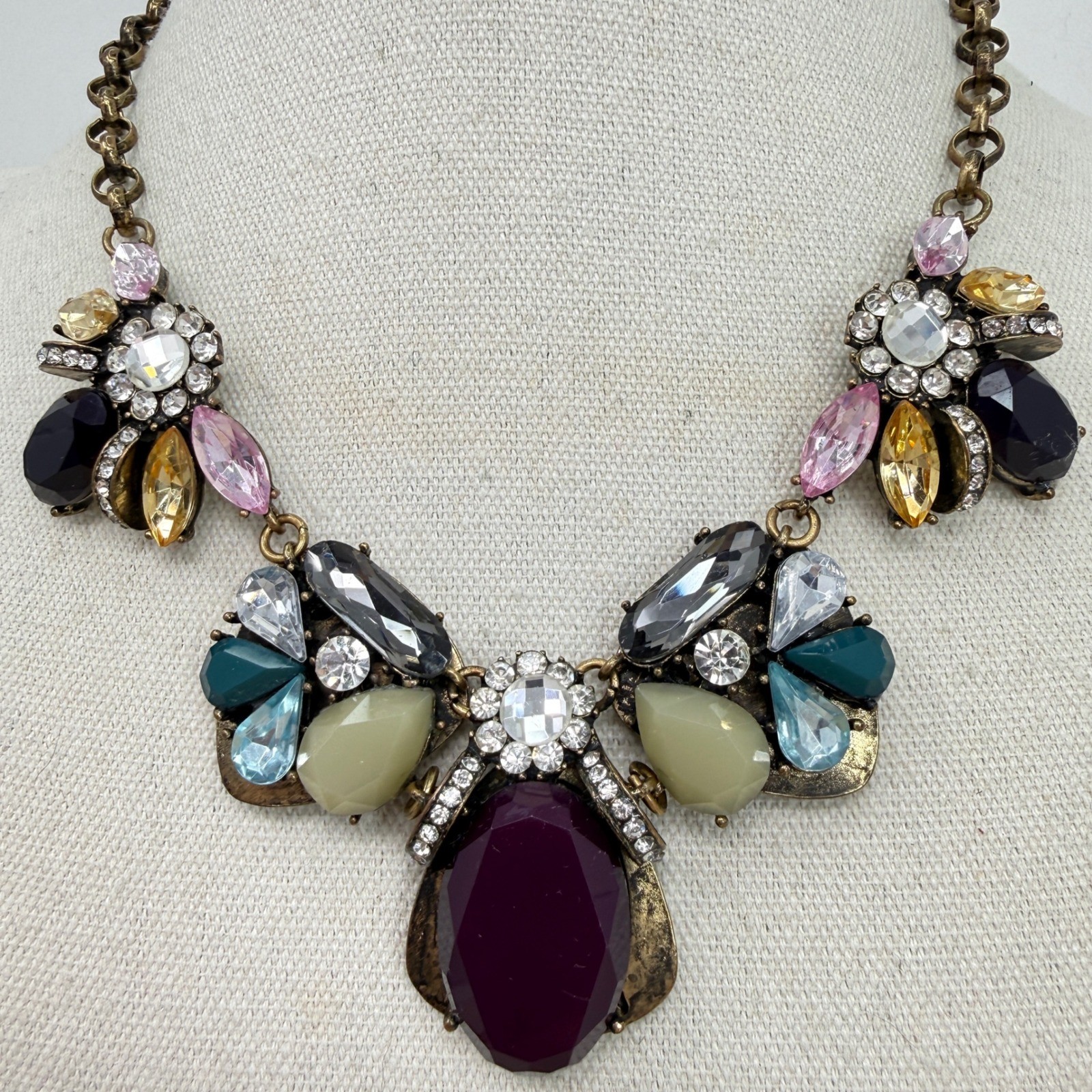 Multicolor Gem Statement Necklace Chunky Bib Rhin… - image 1