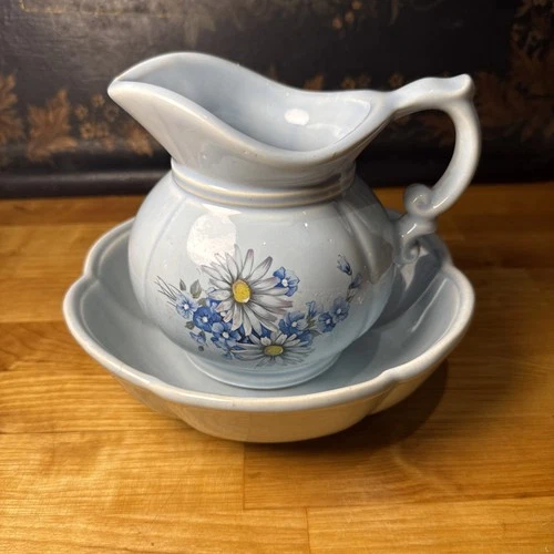 Vintage McCoy Pottery pitcher and bowl set- Wash Basin Set Blue Floral 5.5”