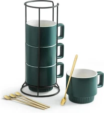 Stackable Coffee Mug Set of 4 with Carrying Spoon, 11 oz,  Green