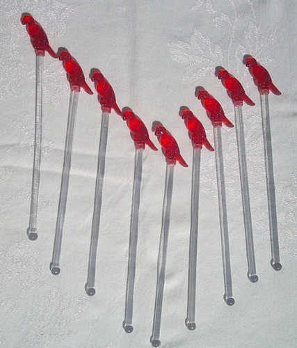 Parrot Cocktail Plastic Stirrer Sticks Festive Red with Clear Stem Set of 9