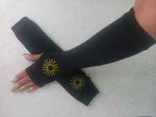 Black Knit Fingerless Elbow Gloves With Golden Sun
