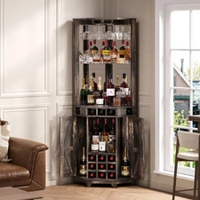 Corner Bar Storage Cabinet 72" Tall Farmhouse Wine Cabinet w/Barn Door, Home Bar
