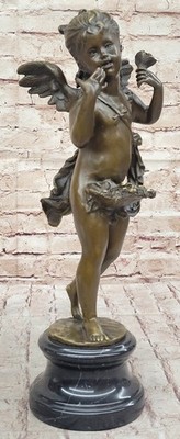 Puti Cherub Angel Boy with Bird Marble Base Figure Sculpture Statue Bronze Sale