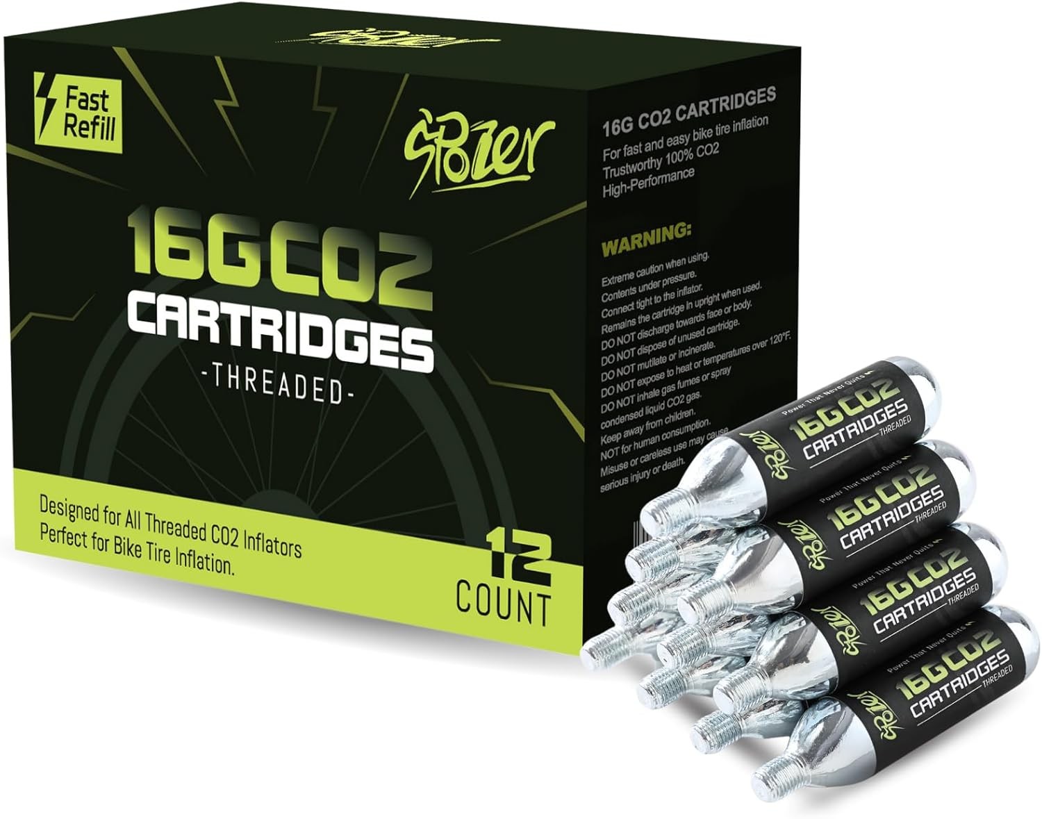 16g CO2 Cartridge For Bike Bicycle Tire Air Inflator Threaded Spozer 12 PACK