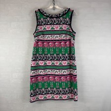 Talbots Sleeveless Geometric Print Shift Dress Size 12 Pink Green Navy Summer