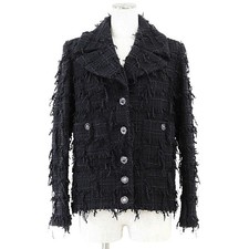 CHANEL Tweed Jacket P72388 22y Logo lion button LBD Women Size 36 DarkNavy Black