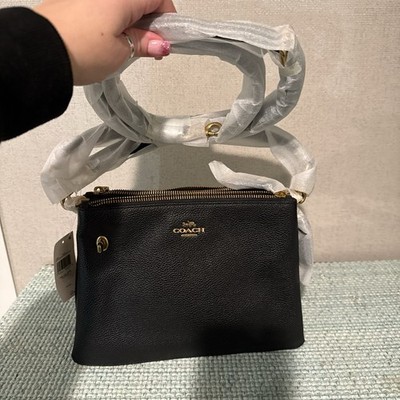 Coach Black Pebbled Double Zip Shoulder Bag Logo Gold Hardware | eBay