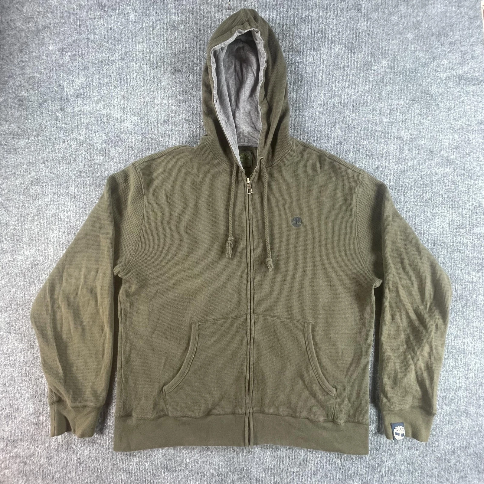 Timberland Hoodie Mens Large Olive Green Full Zip Waffle Knit Thermal Sweatshirt
