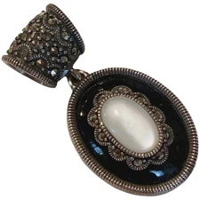 Vintage Onyx + Mother of Pearl Oval Shape Marcasite Slide Pendant