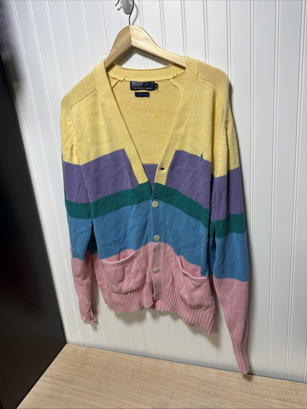 VNTG Polo Ralph Lauren (M) 90s Pastel Easter Cotton Knit Cardigan Sweater RARE