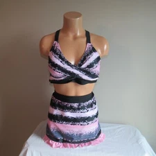 Unknown Brand Ruffle Skirted Bottom &  OTS Top Swim Set Black/Pink L NWOT