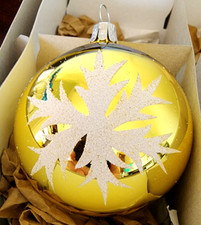 Handmade 3" Czech Glass Snowflake Ornament Gold White Glitter Christmas