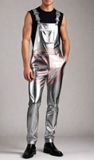 Men's Genuine Leather Silver Bib Overall Dungaree Jumpsuit Suit Uniform Dres