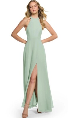 Azazie Clarice Bridesmaid Dress Size 10 Agave Green A-Line Halter Chiffon  Pastel | eBay