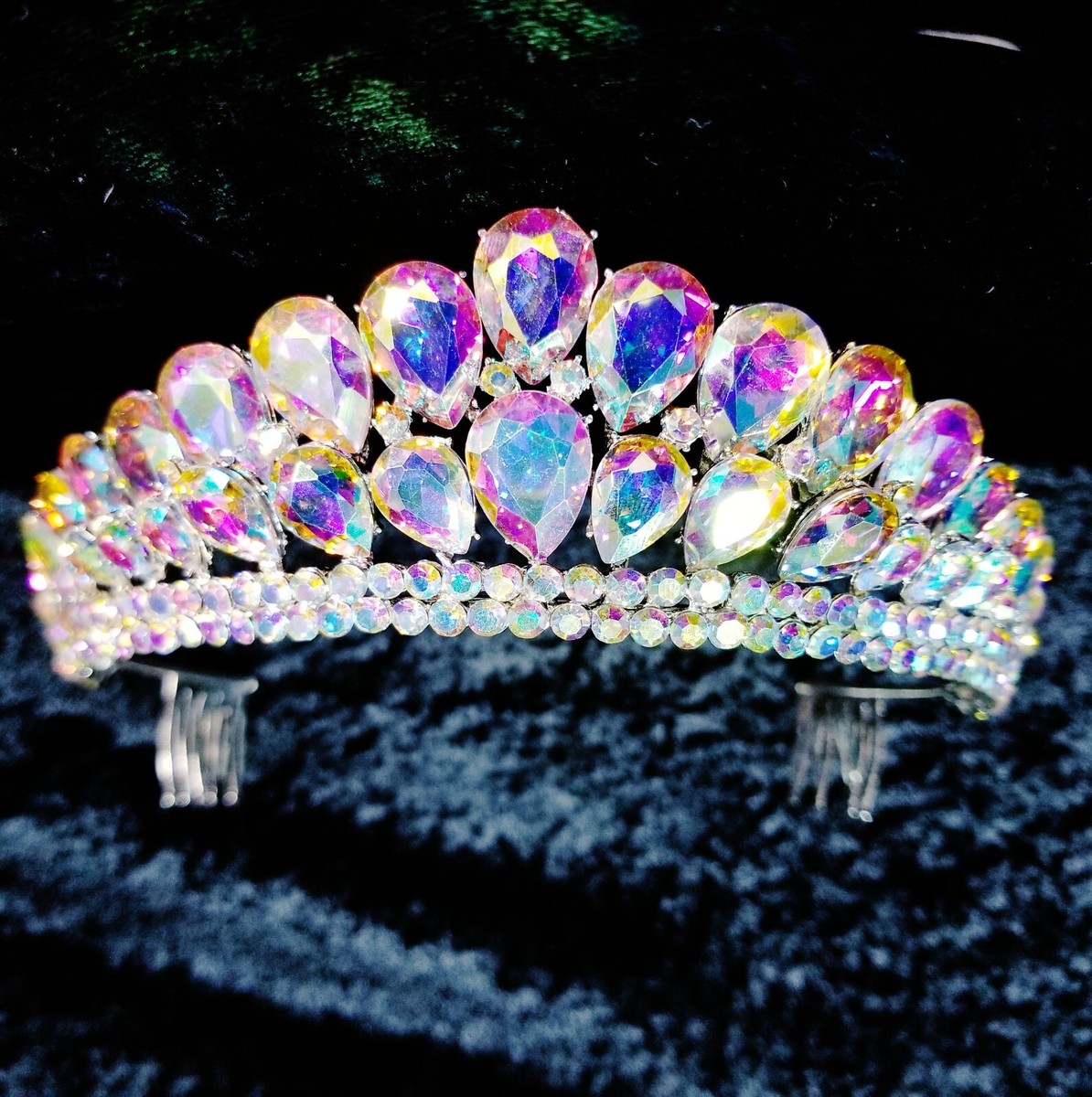 AB Iridescent Rhinestone Crystal Tiara Crown Bridal Pageant 
