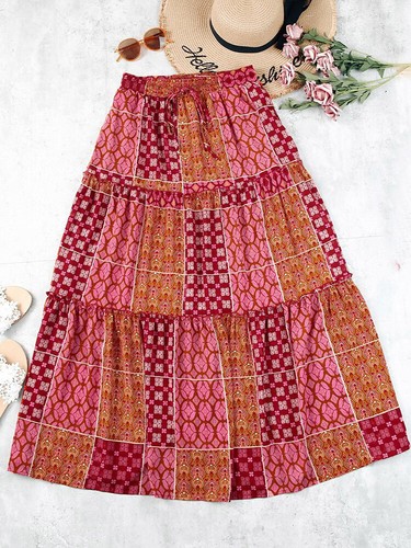 New Womens Bohemian National Style Printed High Waist Skirt Holiday Style Dress - Picture 11 of 15