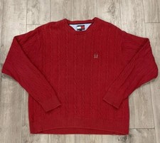 Tommy Hilfiger Mens Sweater Cable Knit Red Pullover XXL Vintage 90s Crest Logo
