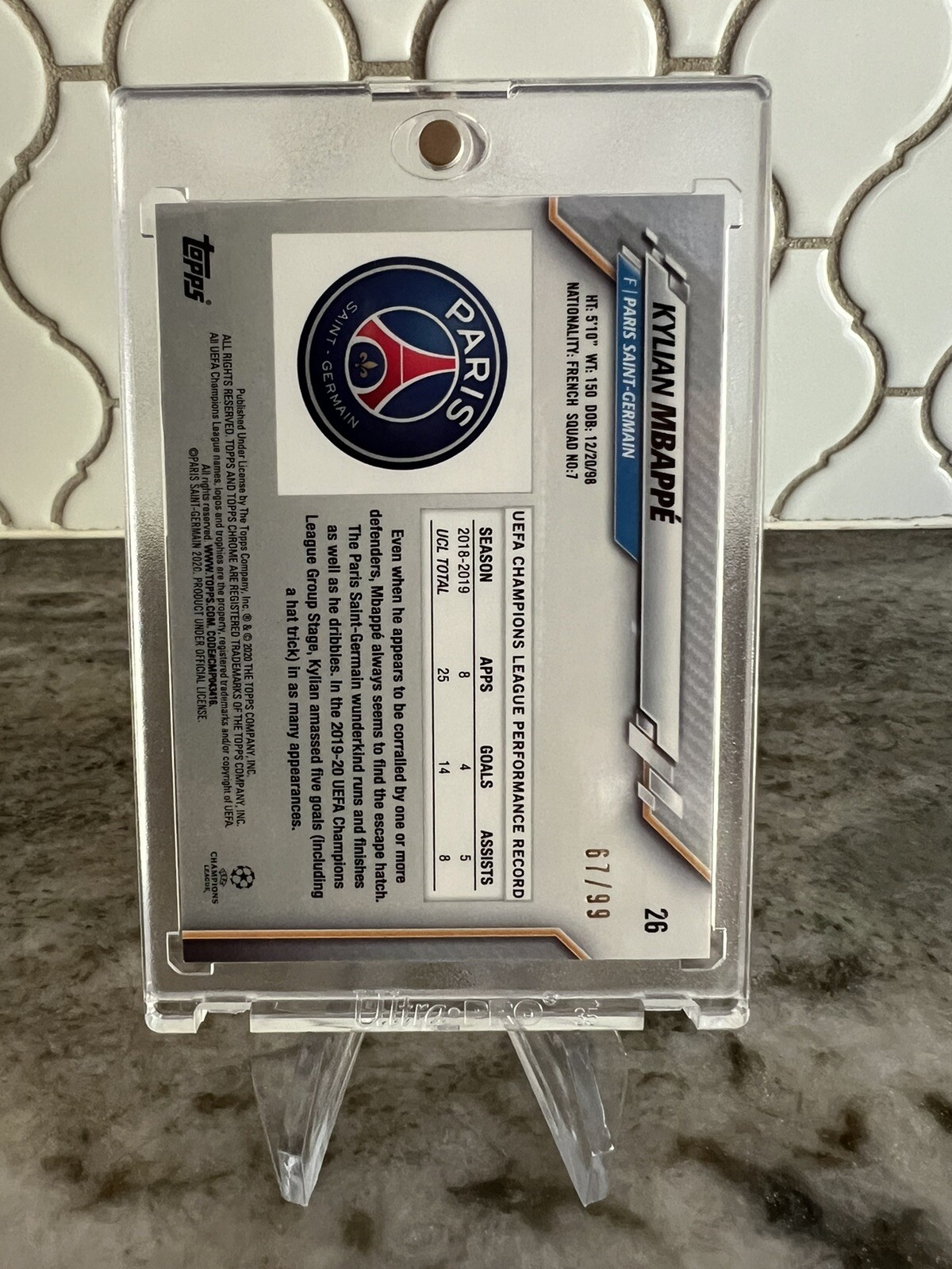 2019-20 Topps Chrome UCL Soccer Sapphire Yellow Kylian Mbappe 67/99 view 2