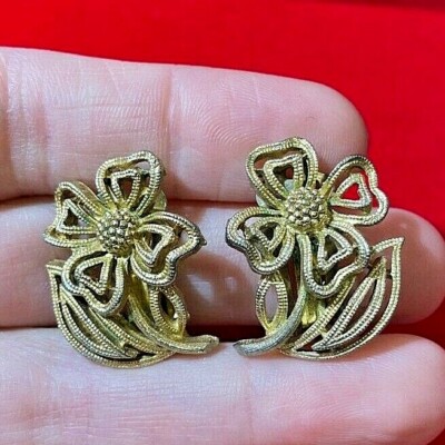 Vintage Lisner Mohnblume Florale Goldfarbene Filigran Clip Ohrringe 4a 7