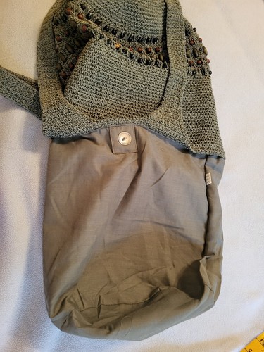 Gehäkelte Handarbeit Damen Salbeigrün Beuteltasche Eimer Schultertasche mit Perlen Boho - Bild 4 von 9