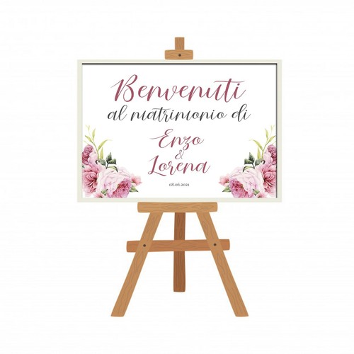 CARTELLO DI BENVENUTO MATRIMONIO CARTONCINO 50X70 FIORI GREENERY LEGNO VARI MOD - Foto 7 di 12