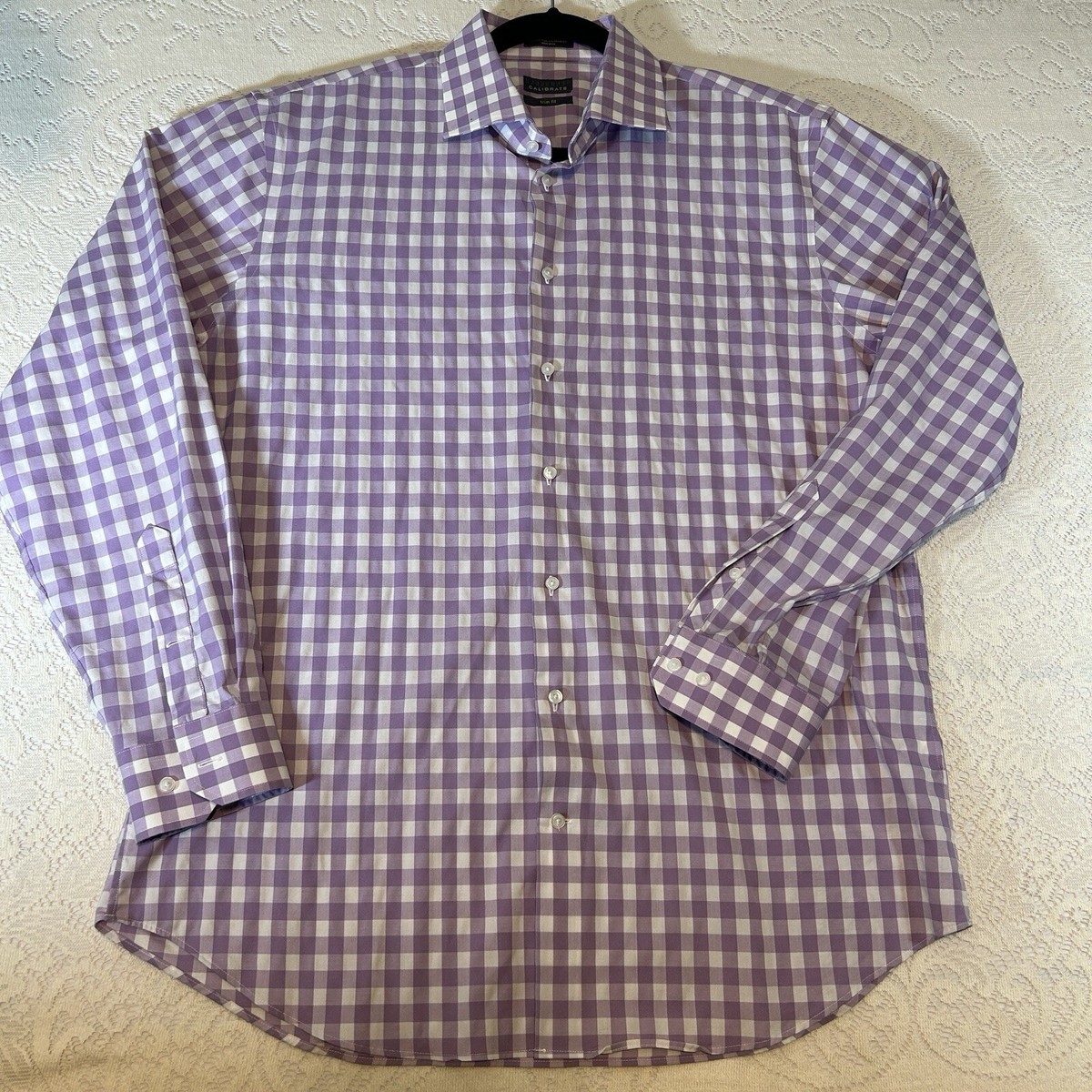 Calibrate Slim Fit Mens Purple Check Long Sleeve Button Down Size 17 34-35 Calibrate Slim Fit Mens Purple Check Long Sleeve Button Down Size 17 34-35