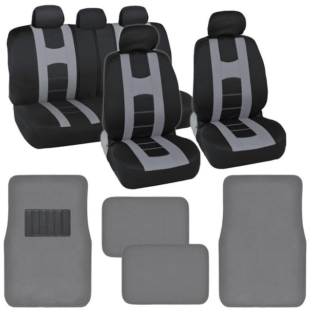 Complete Black / Gray Front and Rear Set Car Seat Covers and Gray Floor
