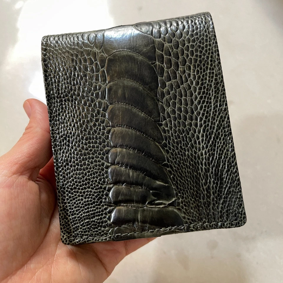 Cartera plegable de cuero de avestruz genuino para hombre, hecha a mano, Foto 2 de 4