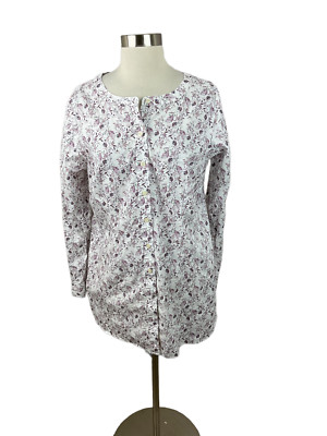 Duluth Trading Co M Purple White Floral Wrinkle Fighter 3/4 Sleeve Tunic Shirt 